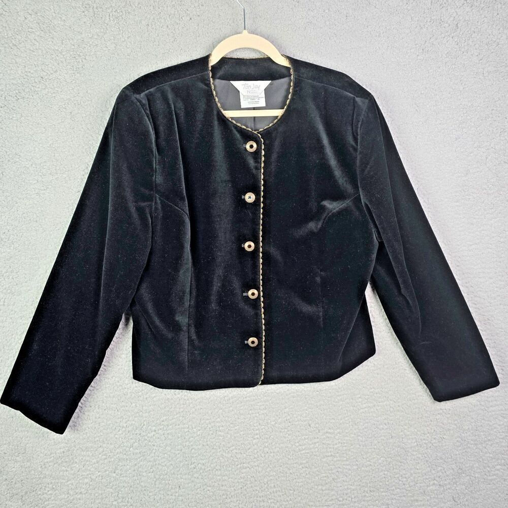 Tan Jay Black Velvet Blazer Gold Trim Metallic Buttons 14 Elegant